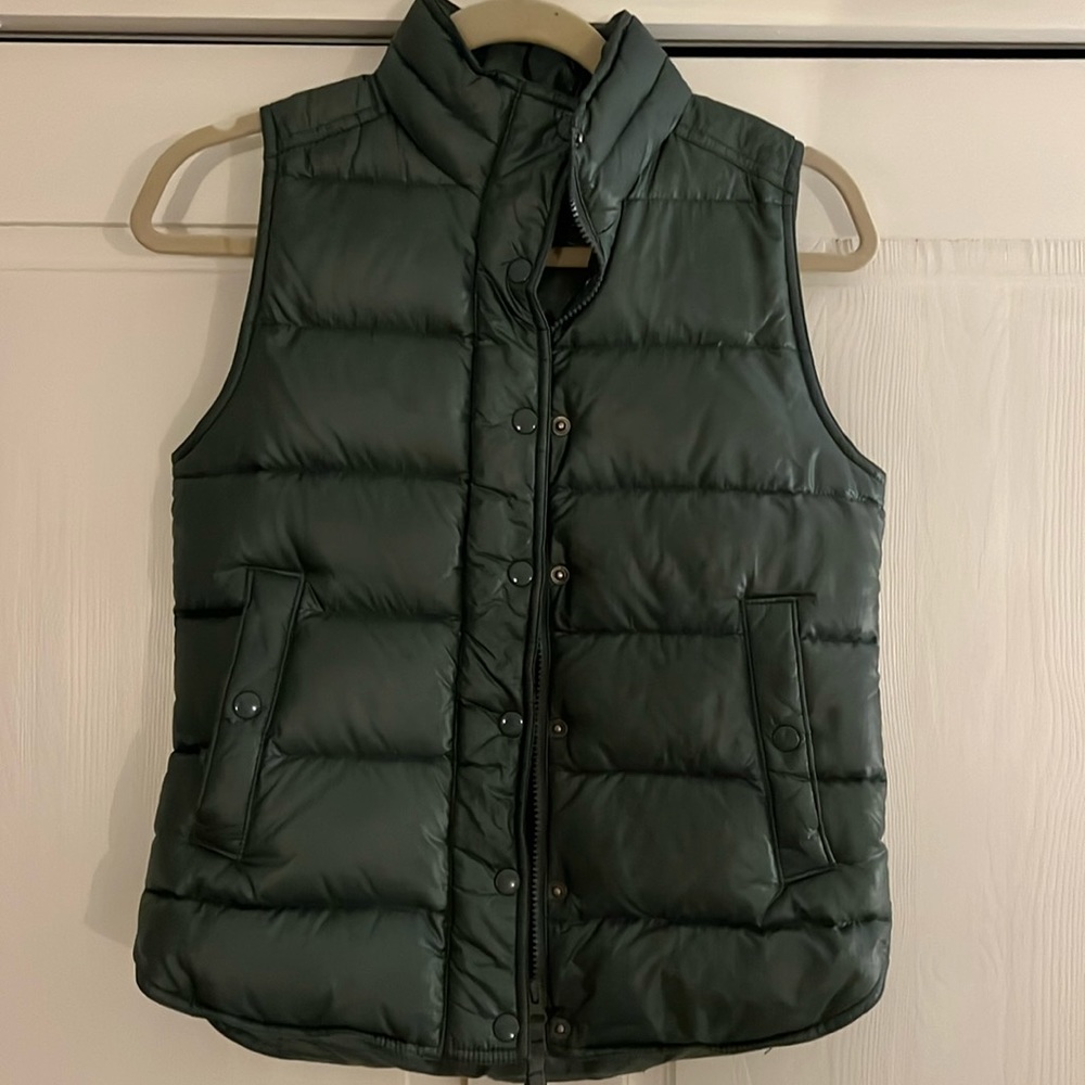 dark green J crew puffer vest